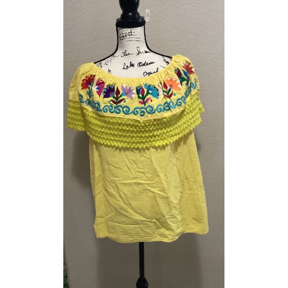 YZXDORWJ Off-Shoulder Embroidered Blouse W/Floral Design & Crochet Ruffle Trim - Picture 2 of 5